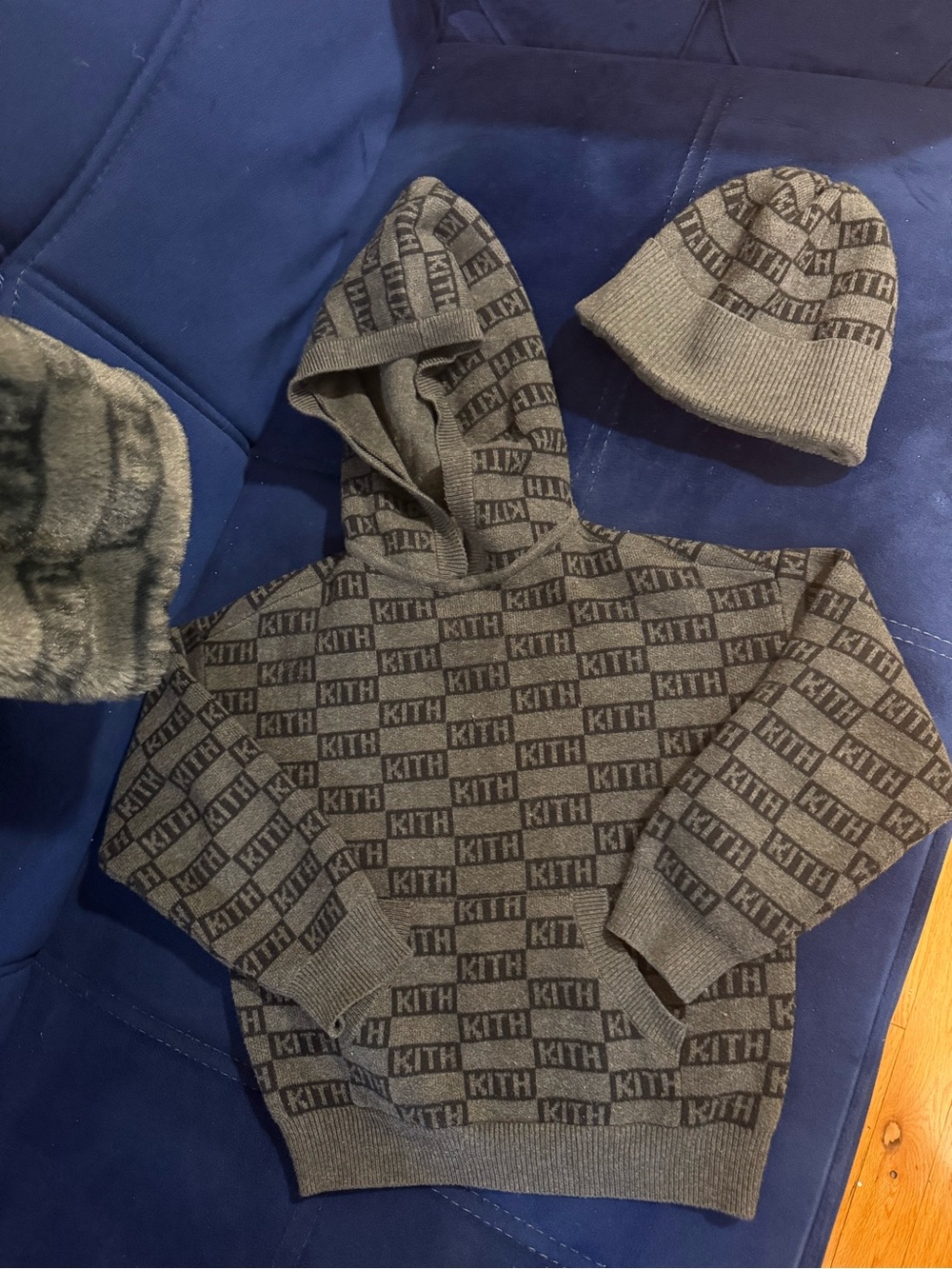 Kith Kids Gray All-Over Logo Hooded Sweater, Jacket and Hat
